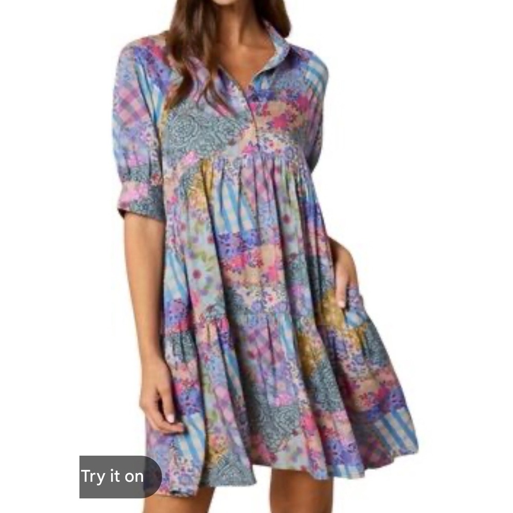 Natural Life Patchwork Floral Tiered Babydoll Dress Short Sleeve Blue  boho Pink